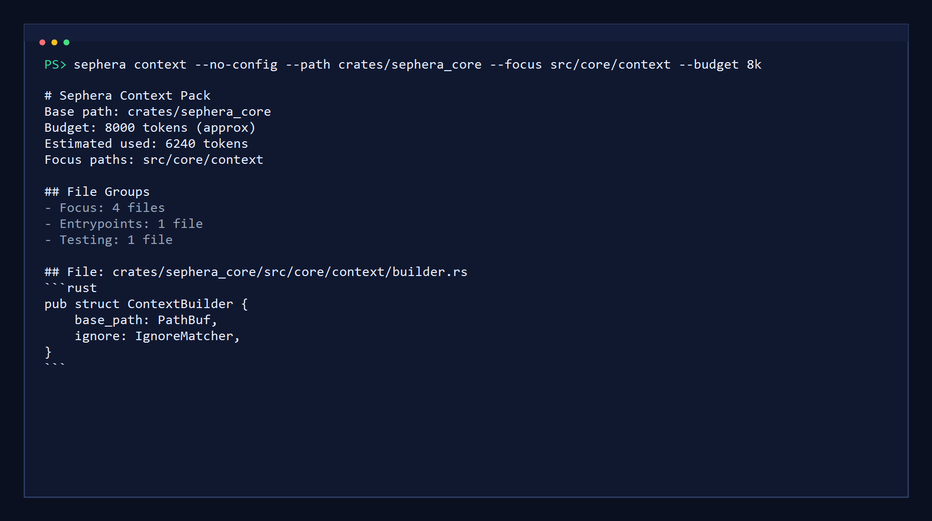 Terminal demo of sephera context building a structured context pack.